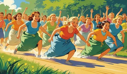 ilustrasi emak-emak lomba balap karung di acara agustusan